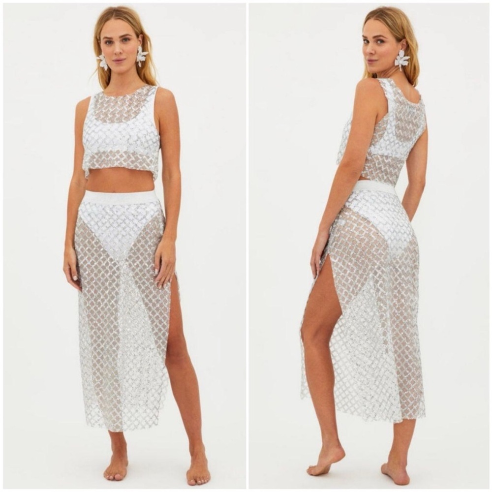 Beach Riot White Sheer Crochet Two-Piece Swim Coverup Set